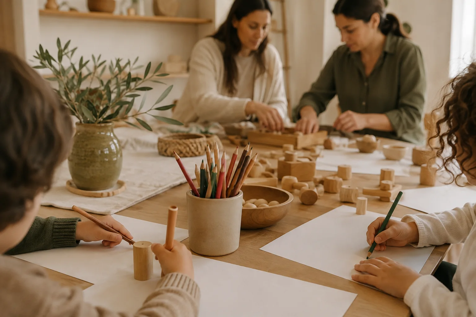 Manos de niños y adultos comparten materiales creativos alrededor de una mesa.