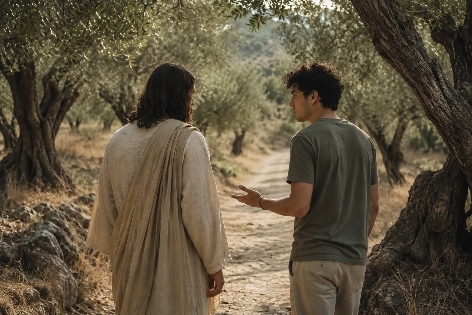 Una figura evocadora de Jesús camina y conversa junto a una persona joven entre olivos.